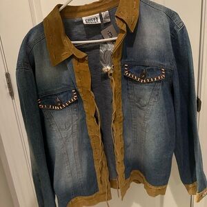 Chico's Blue Denim Jacket with 100% leather Trim